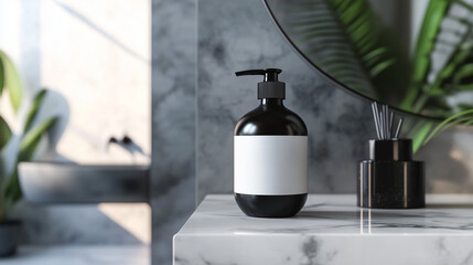 Black pump bottle with blank label on a marble surface. 