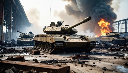 Fototapeta premium Derelict Factory with Abandoned Tanks and Oily Smoke Atmosphere