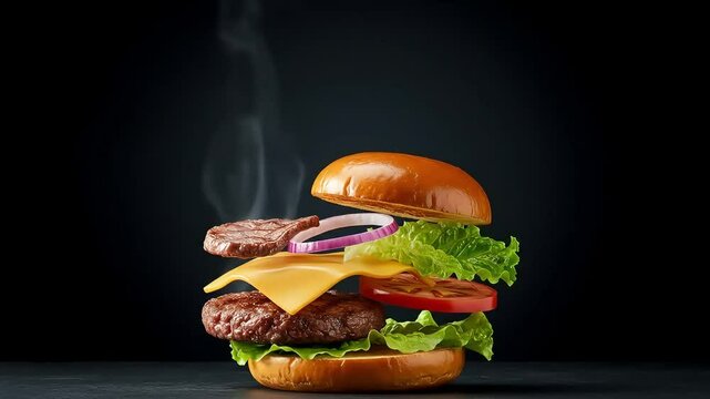 Exploded hamburger ingredients on black floating background concept