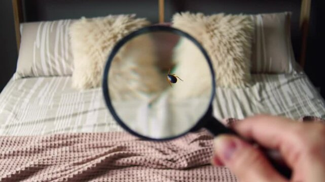 Examining a tiny insect pest on a bed using a magnifying glass reveals a close-up view of its details.