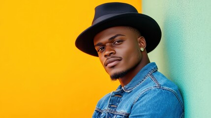 A confident young man in a denim jacket and hat poses against a vibrant orange and teal backdrop, exuding style and charisma that captures the essence of modern fashion.