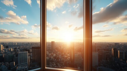 A breathtaking view of a sunset illuminating the city skyline through a large window evokes feelings of tranquility, urban beauty, and appreciation for nature's wonders amidst architecture.