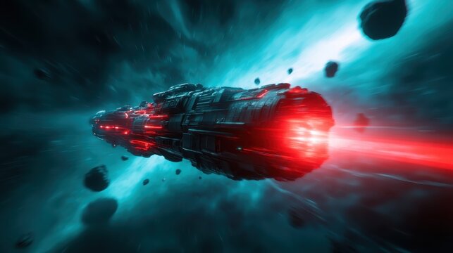 A dynamic spacecraft hurtles through the cosmos in hyperdrive, illuminated by striking red lights against a vibrant galactic backdrop of blues and dark asteroids, showcasing sci-fi adventure.