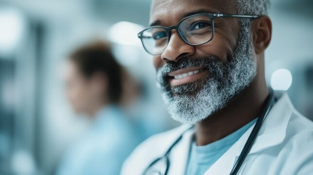 A friendly doctor with glasses and a white coat smiles warmly, exuding professionalism and care in a clinical setting, embodying the essence of healthcare and compassion for patients.