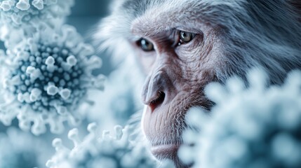 A pensive monkey gazes thoughtfully at floating virus models, illustrating the impact of global health issues and raising awareness about wildlife and environment.