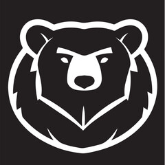 A strong white vector illustration of a bear's head with a determined expression, set against a black background, conveying power and wilderness.