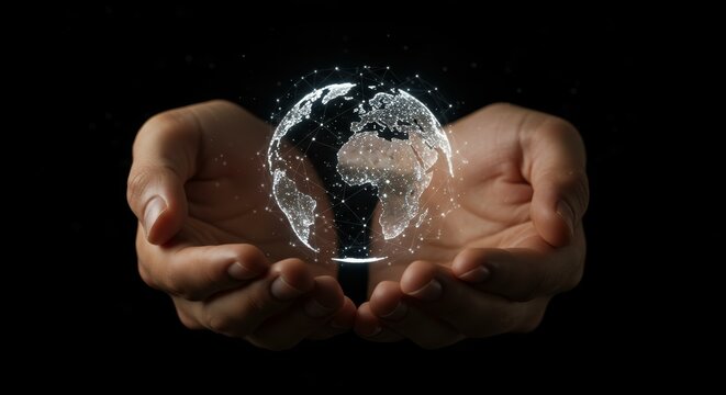 Global connectivity visualization cradled in human hands representing technology