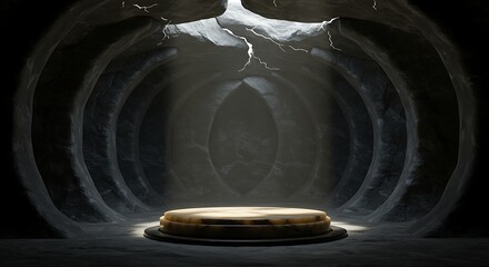 Marble Podium in a Dark Cave with Light Streaming from Above