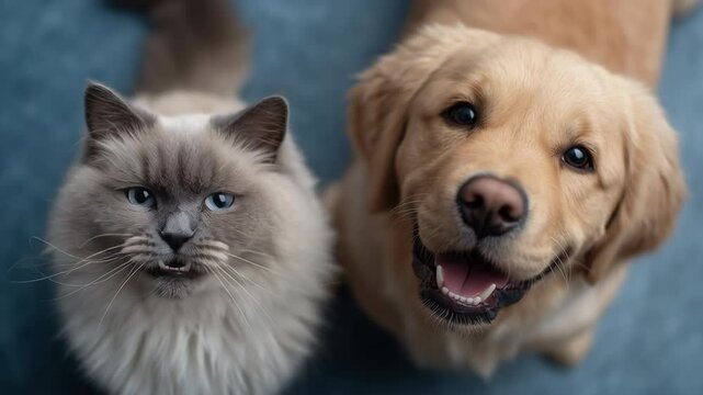 Feline and Canine Companions: Capture the bond between a fluffy cat and a Golden Retriever dog, with the cat looking up with intense and light-colored eyes beside the dog's smile.