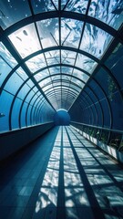Glass Tunnel in Deserted Aquarium with Cracked Floor and Shadows