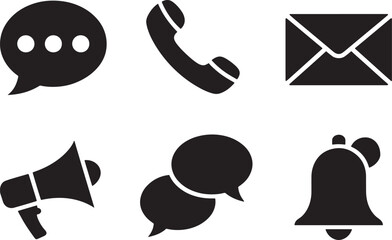Six Black Silhouette Communication Icons Set Speech Bubble Phone Envelope Megaphone Bell Chat vector