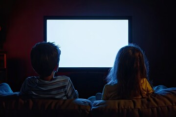 High Quality Image of Kids Watching Scary Film in Dark Room