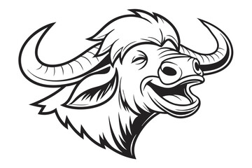 Outlined cartoon buffalo head with a wide smile shows a cheerful and playful expression