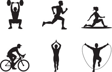 Six Black Silhouettes Fitness Activities Icons Set Weightlifting Running Yoga Cycling Jump Rope Lunges