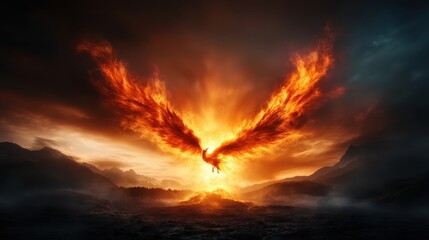 This dramatic image depicts a majestic phoenix rising from a fiery landscape, symbolizing rebirth, transformation, and the power of overcoming challenges.