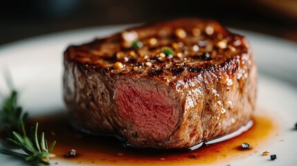 A succulent grilled steak sits elegantly on a plate, garnished and ready for enjoyment, showcasing culinary finesse and the art of gourmet dining.