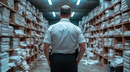 A police officer stands solemnly in a dimly lit archive, surrounded by towering stacks of paperwork, highlighting the weight of responsibility and the burden of justice.