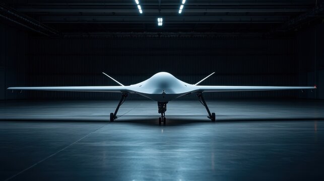 A sleek, futuristic aircraft silhouette stands in a dark hangar, symbolizing technological advancement, innovation, and the future of aviation in a dramatic and mysterious atmosphere.