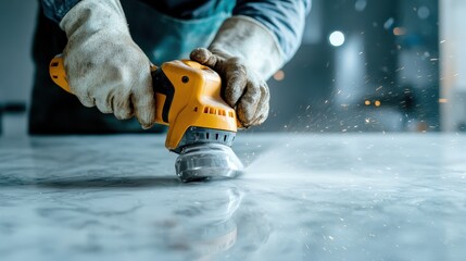 A dedicated craftsman skillfully operates a power tool on a polished marble surface, highlighting the precision and craftsmanship involved in creating stunning works of art.
