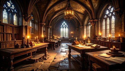 Quiet Deserted Monastery Scriptorium with Ink Spills and Torn Manuscripts