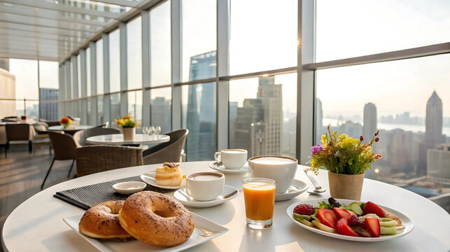 Luxury rooftop breakfast with coffee, bagels, juice, and city skyline view, perfect for travel brochures, hotel promotions, business brunch branding, lifestyle blogs