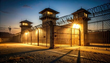 Deserted Prison Yard at Dusk with Guard Towers and Floodlights