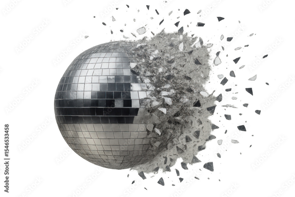 Poster silver disco ball exploding and breaking into pieces on transparent background, concept of end of pa
