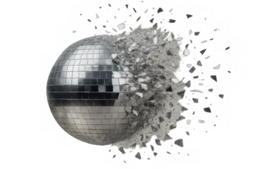 Silver disco ball exploding and breaking into pieces on transparent background, concept of end of party