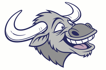 Cartoonish ox head with curved horns cheerfully smiles against a white background