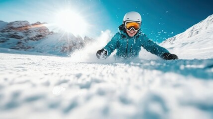 A thrilling snowboarding adventure captures the essence of winter sports, featuring a snowboarder enjoying a bright sunny day with breathtaking mountain backdrops and fresh snow.