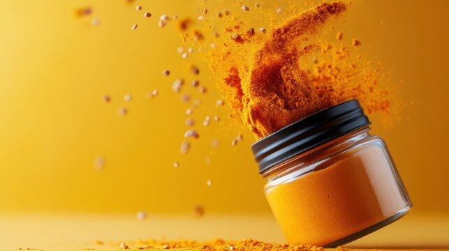 Capturing the vibrant energy of turmeric powder bursting from a glass jar, this image highlights the spice's vibrant color and its significance in culinary and health contexts.