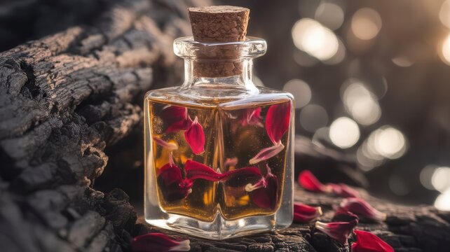 Floral Infusion: Aromatic elixir in bottle with petals, wood background
