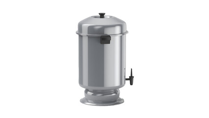A shiny, metallic pressure cooker designed for efficient cooking.