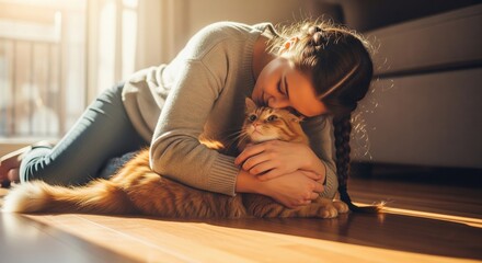 Obraz premium girl hugging a large orange tabby cat on wooden floor at home