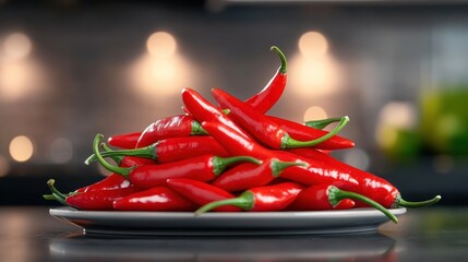 A visually appealing display of vibrant red chilies stacked artfully on a white plate, reflecting freshness and culinary excitement in a well-lit kitchen environment.