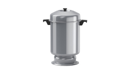 A metallic pressure cooker designed for cooking food quickly and efficiently.