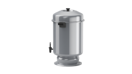 A shiny, metallic pressure cooker designed for cooking food efficiently.