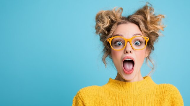 A cheerful woman with playful curly hair shows expression, exuding joy and excitement with her wide open mouth and bright eyes against a vibrant blue background.