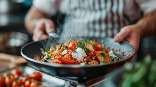 A delicious bowl of vibrant salad ingredients being prepared, showcasing fresh vegetables mixed with flavors, representing health and culinary creativity in an inviting kitchen scene.