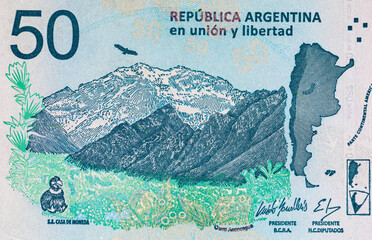 50 Pesos Argentina with the image of the mountain cerro aconcagua. Paper money of Argentina