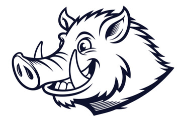 Monochrome boar face showing a cheerful expression with sharp tusks and a spiky mane