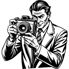 Man in suit holds a vintage camera isolated on white background