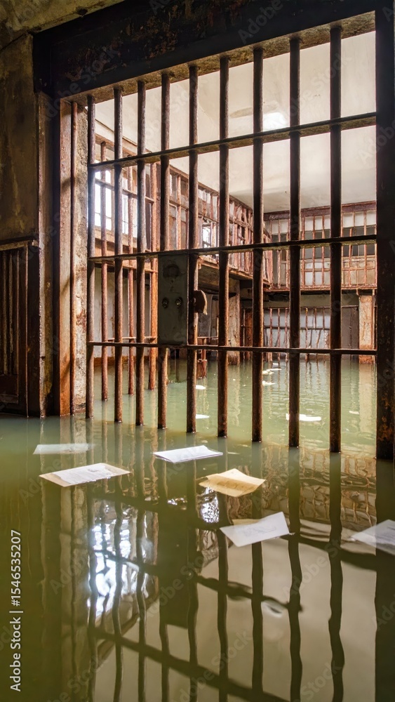 Poster flooded prison cellblock with rusted bars and floating papers