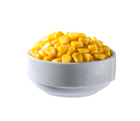 White ceramic bowl of sweet corn kernels isolated on white background.