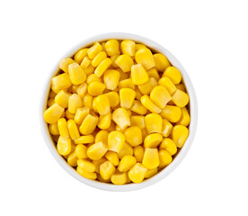 White ceramic bowl with canned food maize isolated on white background, top view.