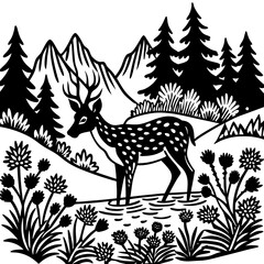 Spotted deer in a forest landscape isolated on white background