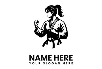 A woman in karate uniform with a ponytail is in a fighting stance, ready to strike.