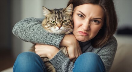 Woman making a grumpy face hugging a tabby cat indoors