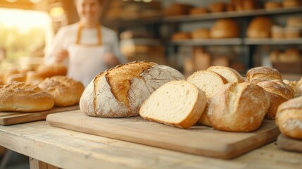 A bountiful display of rustic bread loaves, freshly baked and beautifully arranged on a wooden table, representing warmth and the joy of homemade culinary traditions.