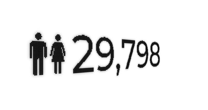 Video of a number counting from 0 to 1,000,000 in ascending order with a female woman icon in white letters on a white background in digital style